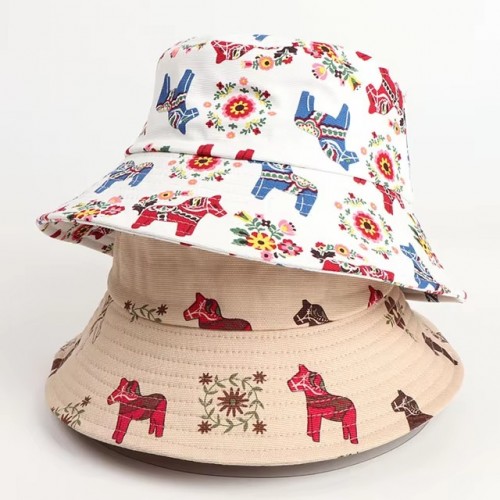 Caps-06  Equestrian Horse Print Bucket Hats for Men Women Luxury Plain Bulk Adult Unisex Cotton Customized Logo Bucket Hat