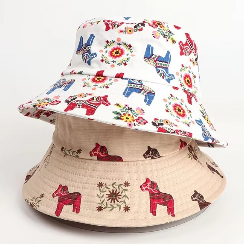 Caps-06  Equestrian Horse Print Bucket Hats for Men Women Luxury Plain Bulk Adult Unisex Cotton Customized Logo Bucket Hat 