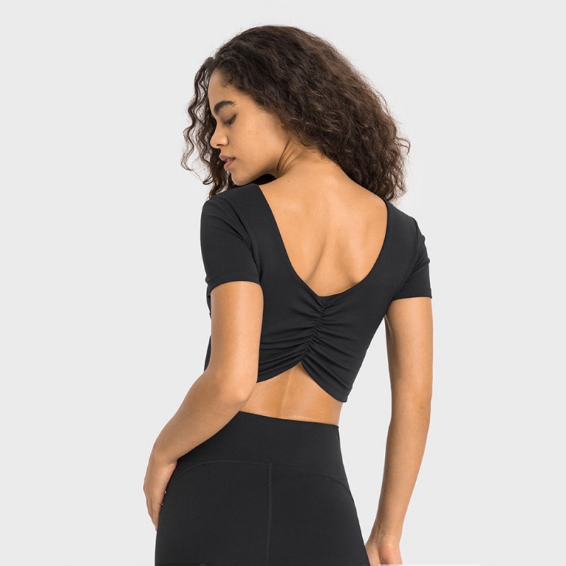 DS357 Back Scrunch Deep V Build In Bra Short Sleeve Cropped Top 