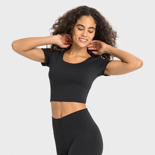 DS357 Back Scrunch Deep V Build In Bra Short Sleeve Cropped Top