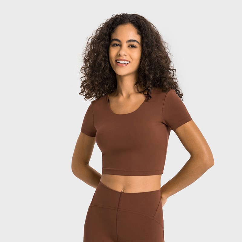 DS357 Back Scrunch Deep V Build In Bra Short Sleeve Cropped Top 