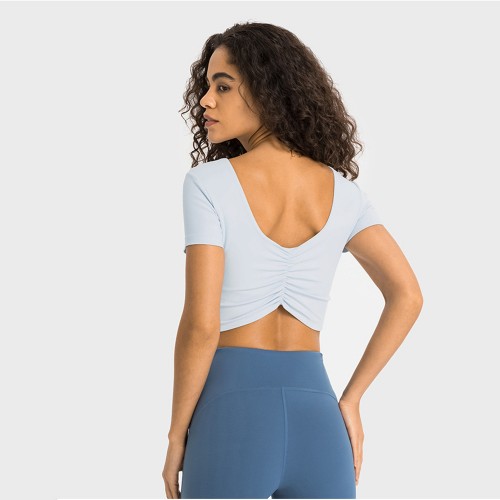 DS357 Back Scrunch Deep V Build In Bra Short Sleeve Cropped Top