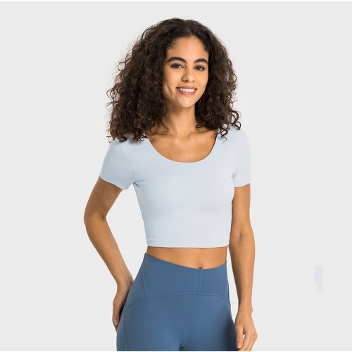 DS357 Back Scrunch Deep V Build In Bra Short Sleeve Cropped Top