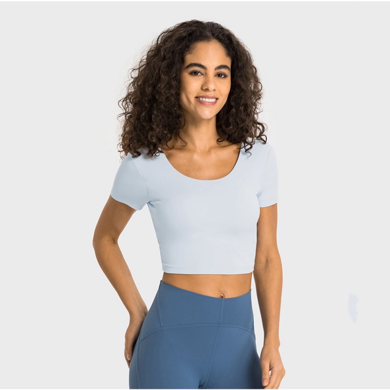 DS357 Back Scrunch Deep V Build In Bra Short Sleeve Cropped Top 