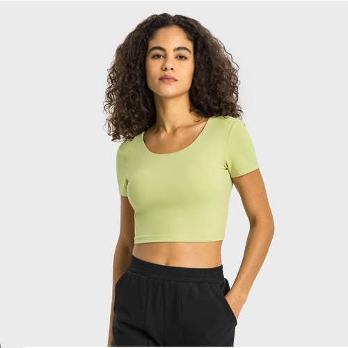 DS357 Back Scrunch Deep V Build In Bra Short Sleeve Cropped Top