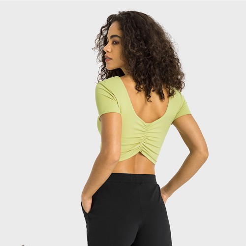 DS357 Back Scrunch Deep V Build In Bra Short Sleeve Cropped Top