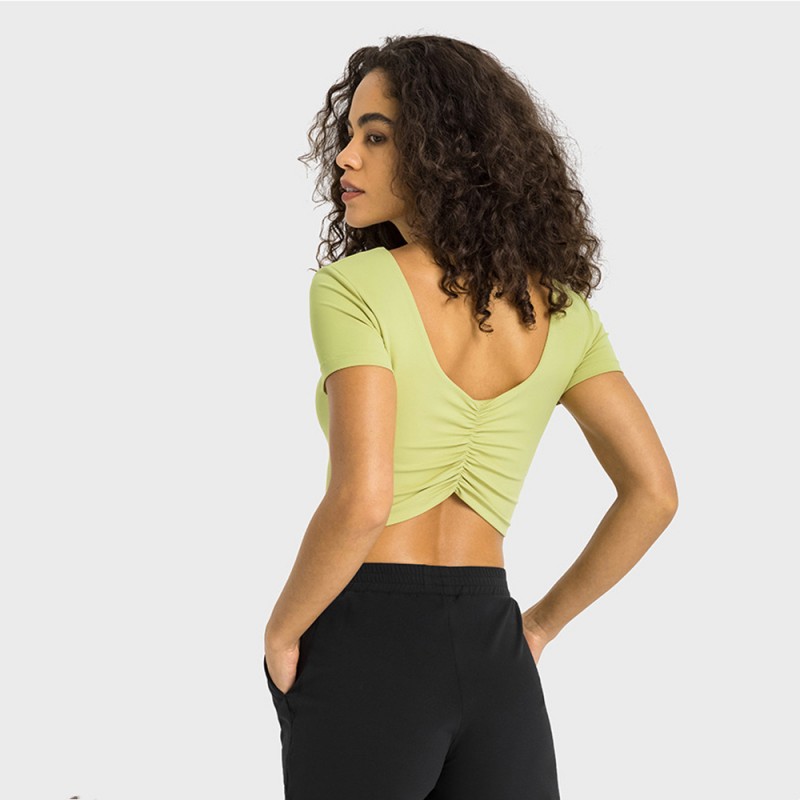 DS357 Back Scrunch Deep V Build In Bra Short Sleeve Cropped Top 