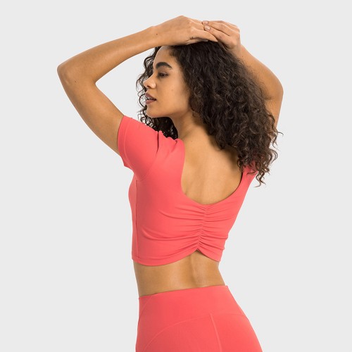 DS357 Back Scrunch Deep V Build In Bra Short Sleeve Cropped Top