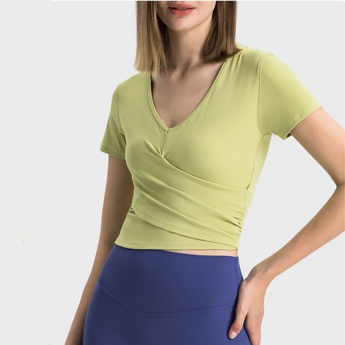 DS353 Sexy V Neck Short Sleeve Ribbed Twist Yoga T-shirts