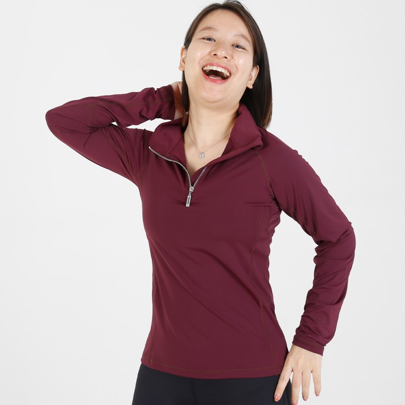 EQ-T-LS01 180G 87%Nylon 13% Spandex-Horse riding Wine Rose UPF50+ Sun Shirts Blank 1/4 zip Long Sleeve Base Layer 