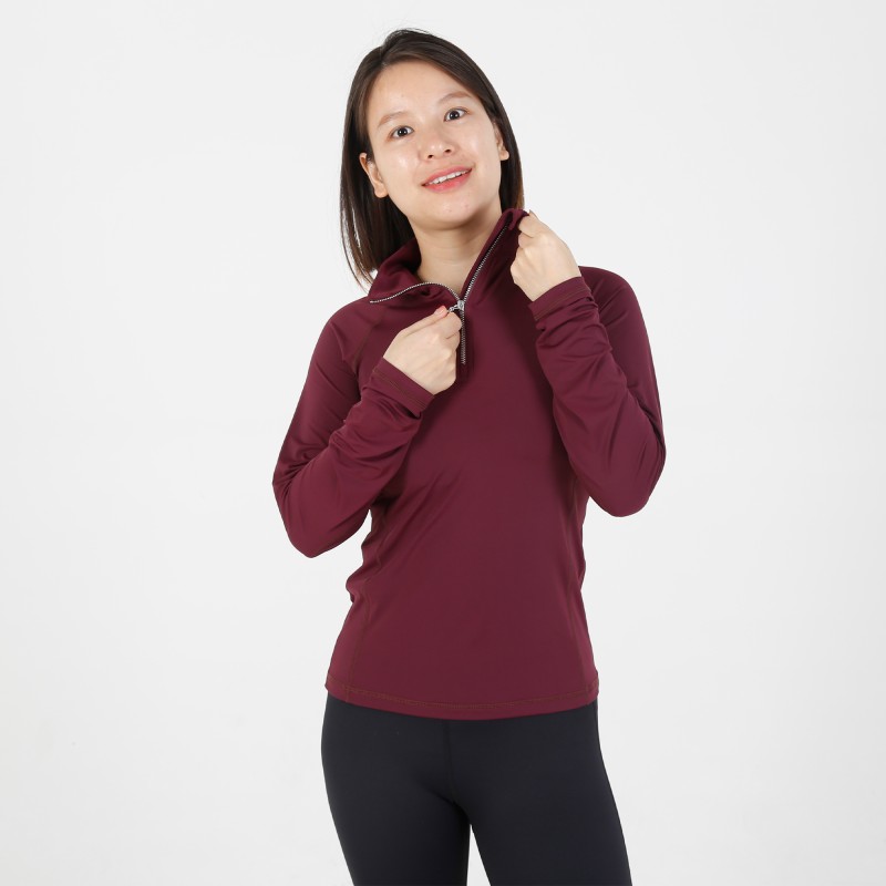 EQ-T-LS01 180G 87%Nylon 13% Spandex-Horse riding Wine Rose UPF50+ Sun Shirts Blank 1/4 zip Long Sleeve Base Layer 