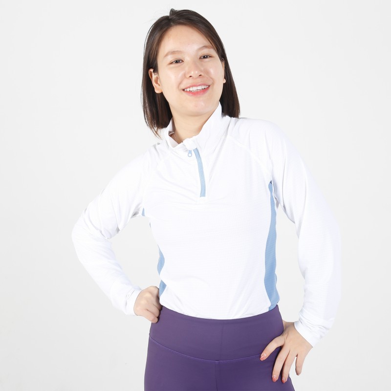 EQ-T-LS14 180G 88% Polyamide +12%Spandex-White 1/4 Zipped up Long sleeve mesh base layer 