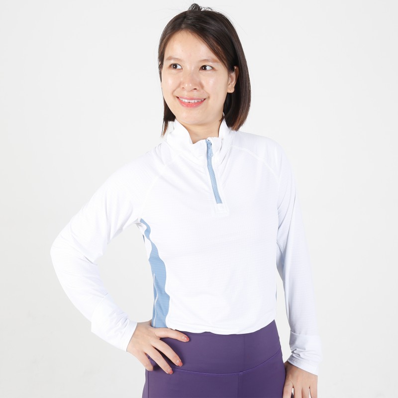 EQ-T-LS14 180G 88% Polyamide +12%Spandex-White 1/4 Zipped up Long sleeve mesh base layer 