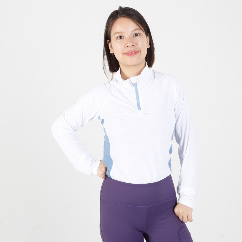 EQ-T-LS14 180G 88% Polyamide +12%Spandex-White 1/4 Zipped up Long sleeve mesh base layer 