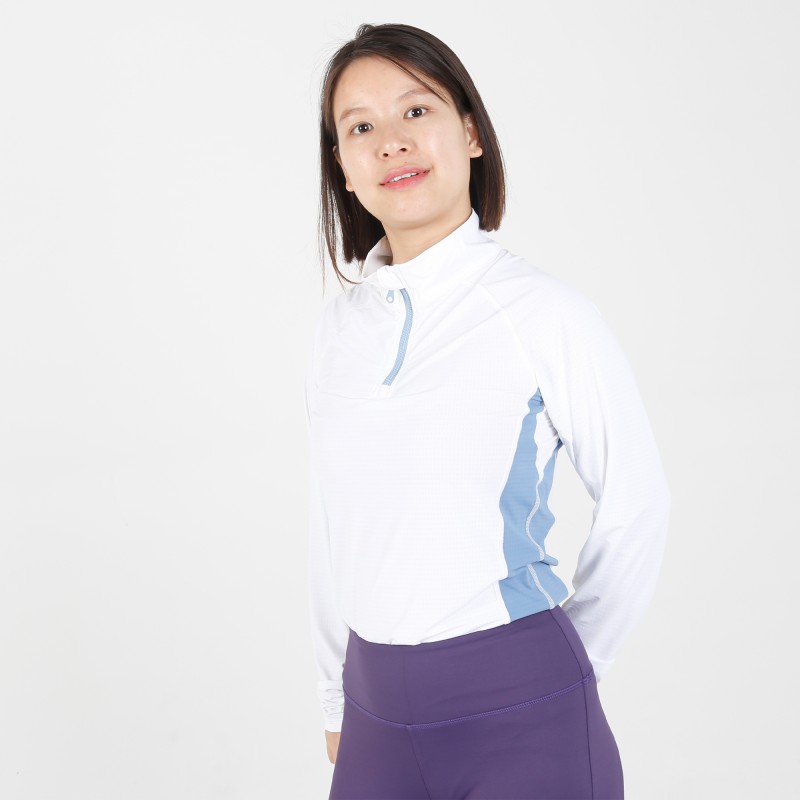 EQ-T-LS14 180G 88% Polyamide +12%Spandex-White 1/4 Zipped up Long sleeve mesh base layer 