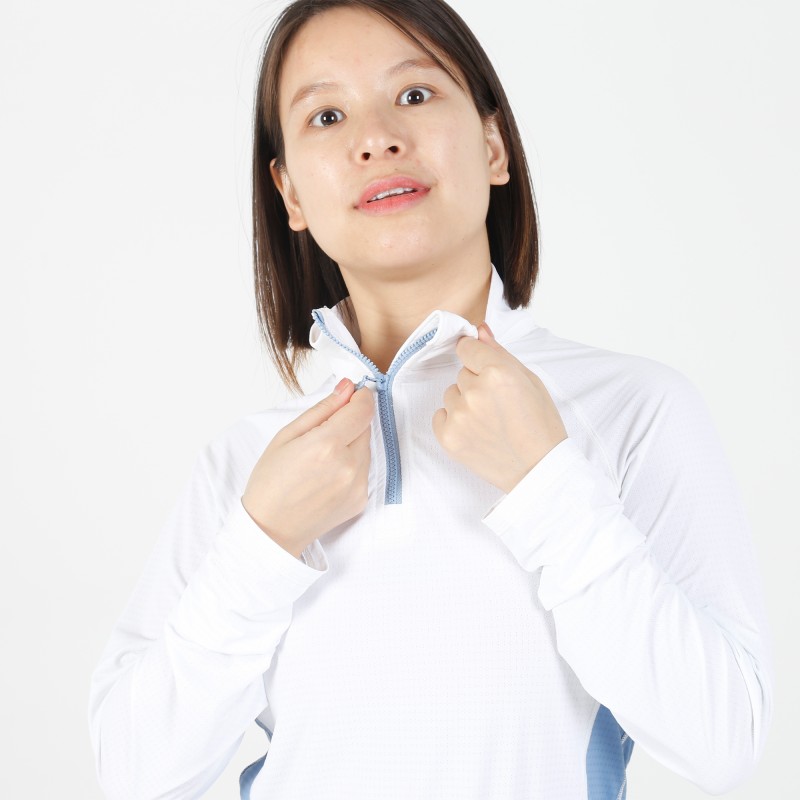 EQ-T-LS14 180G 88% Polyamide +12%Spandex-White 1/4 Zipped up Long sleeve mesh base layer 