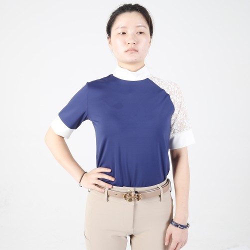 EQ-T-SL-02 200G 63% Nylon 37%Spandex Mesh Patch Arm Women's Horse Riding Short Sleeves Polo Shirt