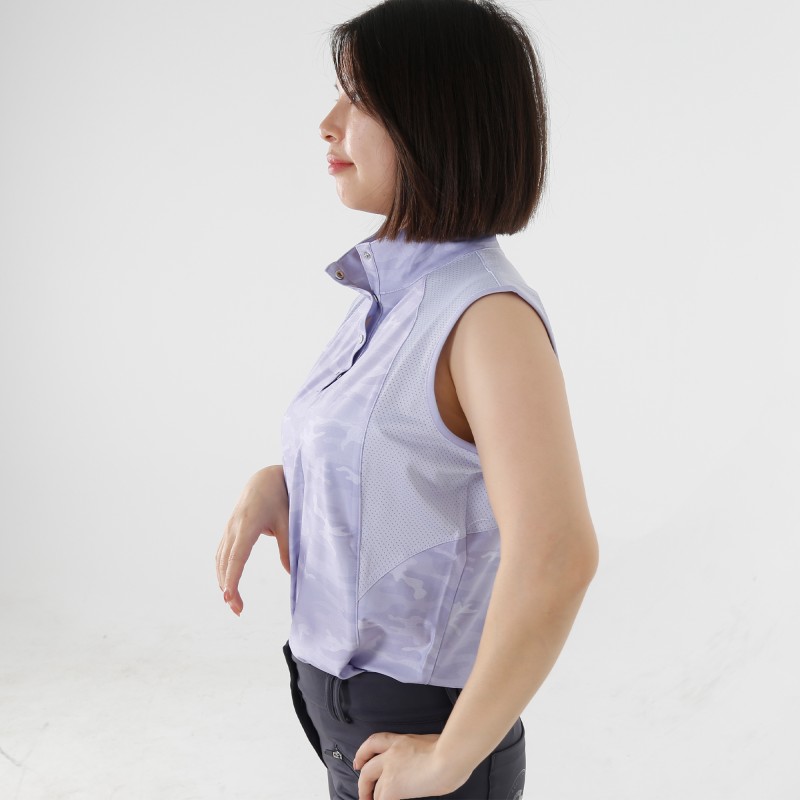 EQ-Sleeveless 01 73%Polyester 27%Spandex Camoflage Print Patch White Equestrian Button Collar Polo Sleeveless  shirts 