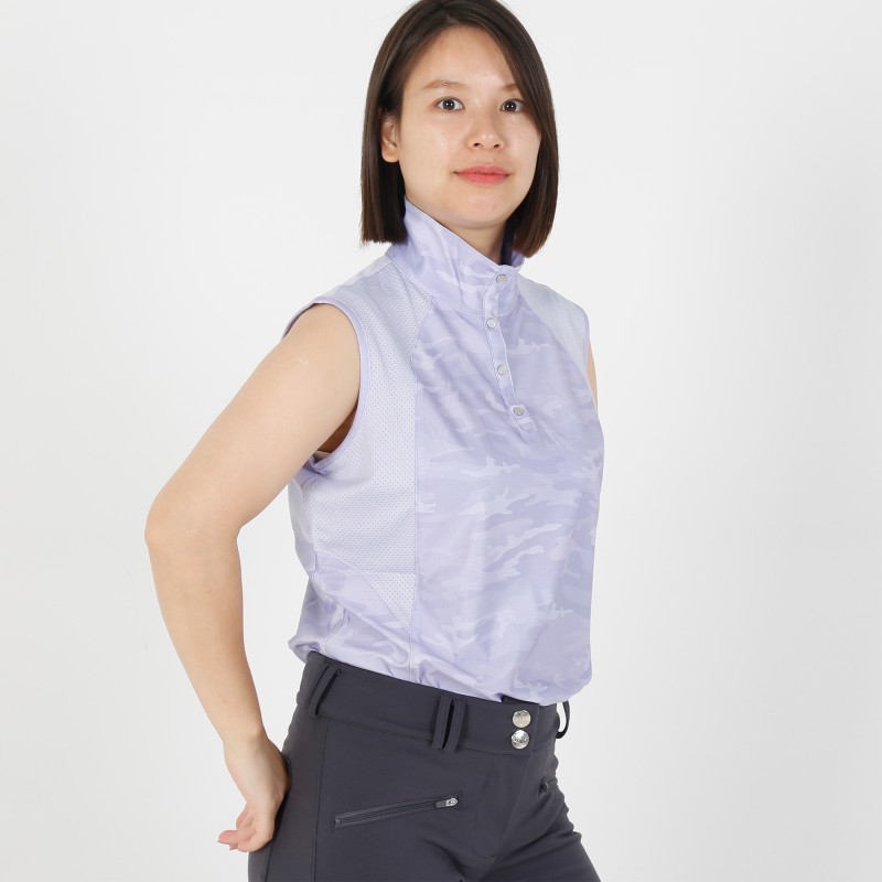 EQ-Sleeveless 01 73%Polyester 27%Spandex Camoflage Print Patch White Equestrian Button Collar Polo Sleeveless  shirts 