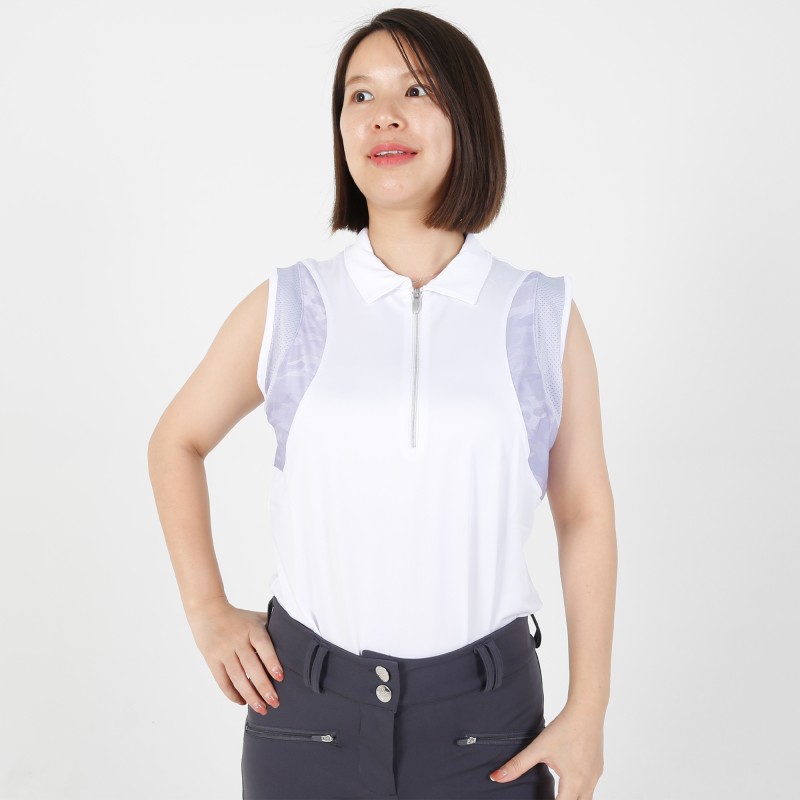 EQ-Sleeveless 02 Camoflage Print Patch White Equestrian 1/4 Zipped Up Polo Sleeveless Base Layer 