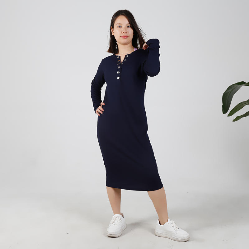 MN-D003 OEM Mama Long Sleeve Maternity Dress With Lining Casual Comfortable Friendly Breastfeeding Button Design 