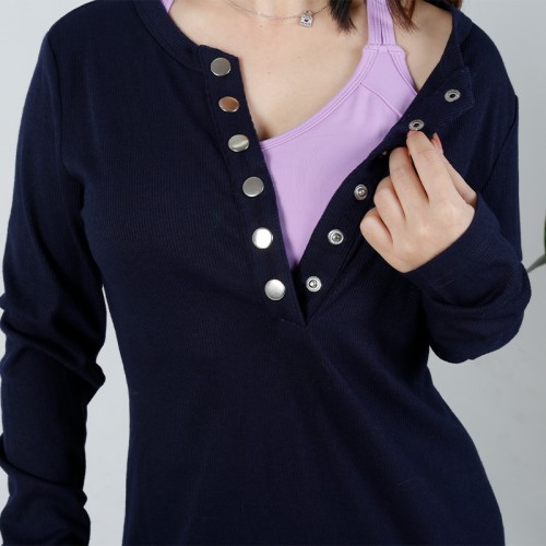 MN-D003 OEM Mama Long Sleeve Maternity Dress With Lining Casual Comfortable Friendly Breastfeeding Button Design