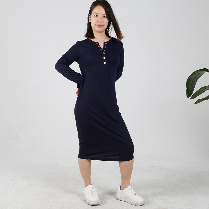 MN-D003 OEM Mama Long Sleeve Maternity Dress With Lining Casual Comfortable Friendly Breastfeeding Button Design 