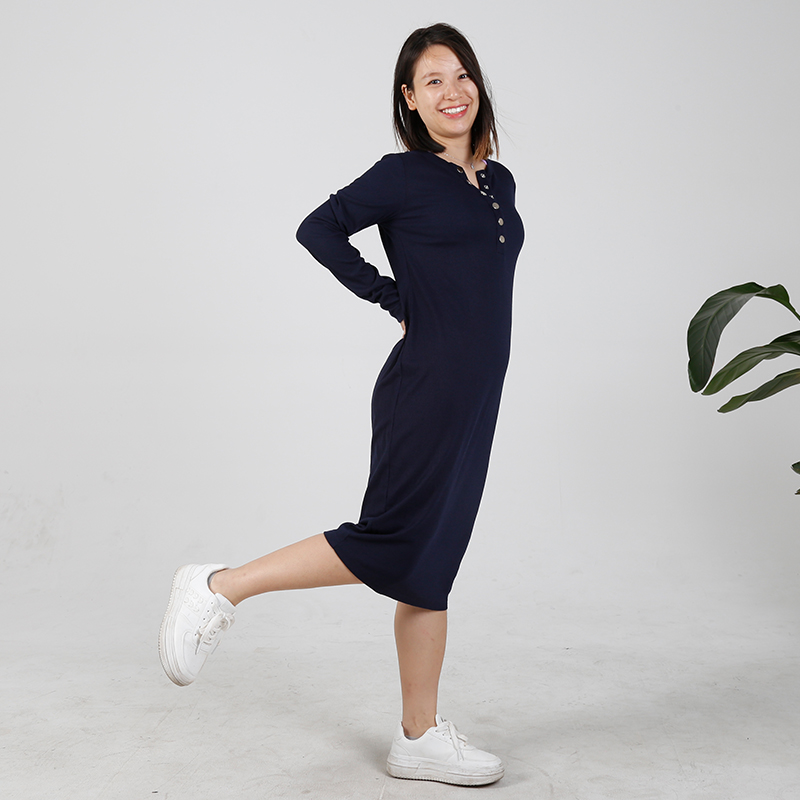 MN-D003 OEM Mama Long Sleeve Maternity Dress With Lining Casual Comfortable Friendly Breastfeeding Button Design 