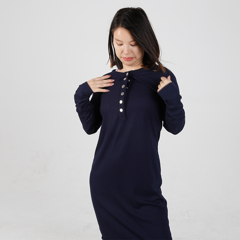 MN-D003 OEM Mama Long Sleeve Maternity Dress With Lining Casual Comfortable Friendly Breastfeeding Button Design 