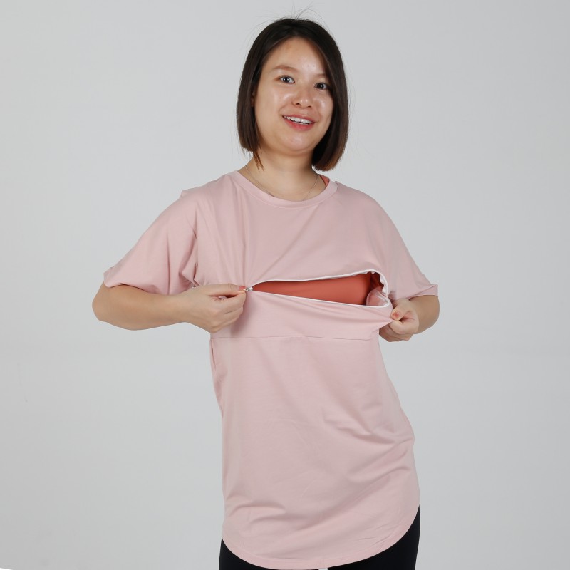 MN-T04 US Size Wholesale Maternity Clothes Pink Color Nursing Short Sleeve T-shirts 