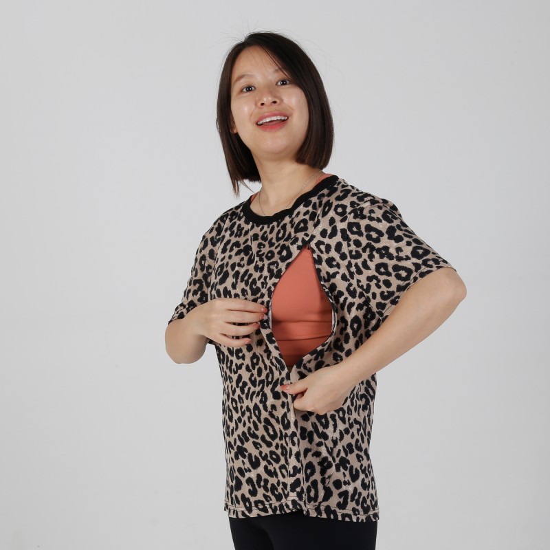 MN-T05 OEM ODM Matermity Apparel Leapard printing Short Sleeve Breastfeeding T-shirts 
