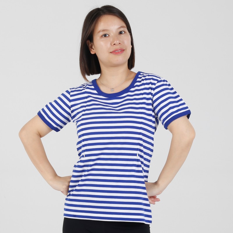 MN-T06 Custom Matermity Garment Ocean Blue Stripe printing Short Sleeve Breastfeeding Tee 