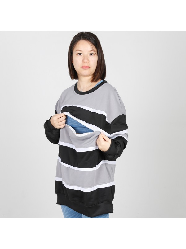 MN-N09 Stylish pregnant clothes Color Block BreastFeeding Sweatshirts With Hidden Zip For Bump