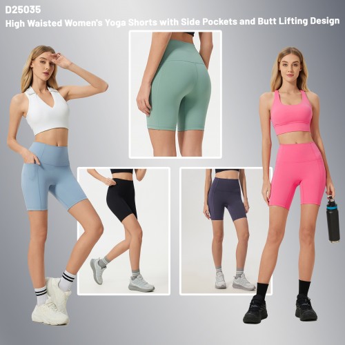 High Waisted Women's Yoga Shorts with Side Pockets and Butt Lifting Design